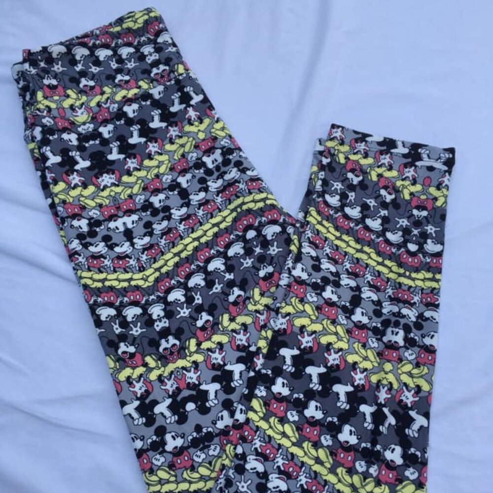 Disney OS One Size Leggings LulaRoe Chevron Mickey Mouse Stripes Red Yellow Grey